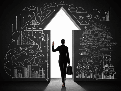 Business woman holding a briefcase walking through an arrow pointing up while waving