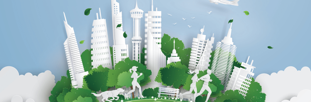 Illustration of eco concept,green cityon the skyf. Paper art and digital craft style.