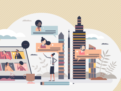 Hybrid work office or home as various job location places tiny person concept. Flexible and efficient lifestyle for business with digital online solutions vector illustration. Corporate workplace.