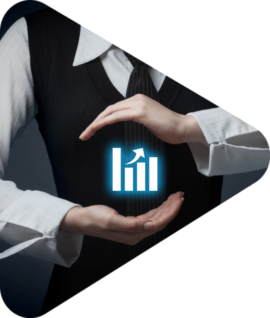 businesswoman's hands encircling digital productivity bar chart