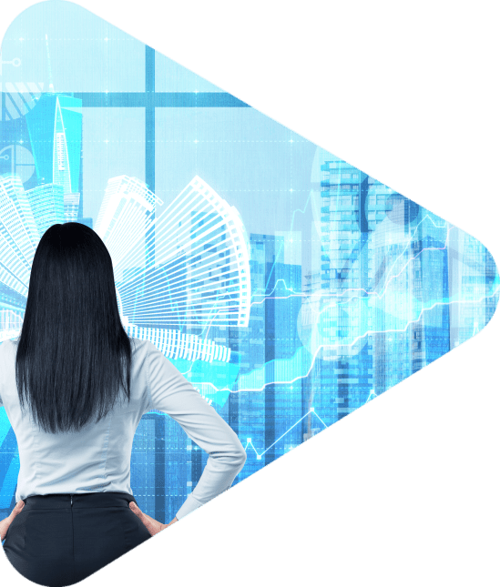 Rear view of the brunette woman who is looking out the window in the panoramic office in New York. Financial charts are over the whole panoramic windows.